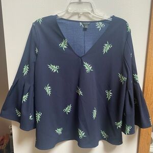 New York & Company Navy Top with Green Leaf Pattern